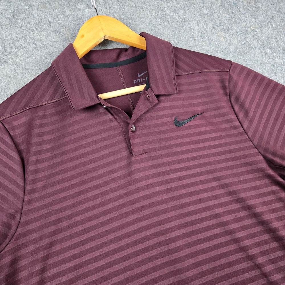 Nike Dri-Fit Polo Mens Small Maroon Striped Golf Shirt Short Sleeve Swoosh Logo